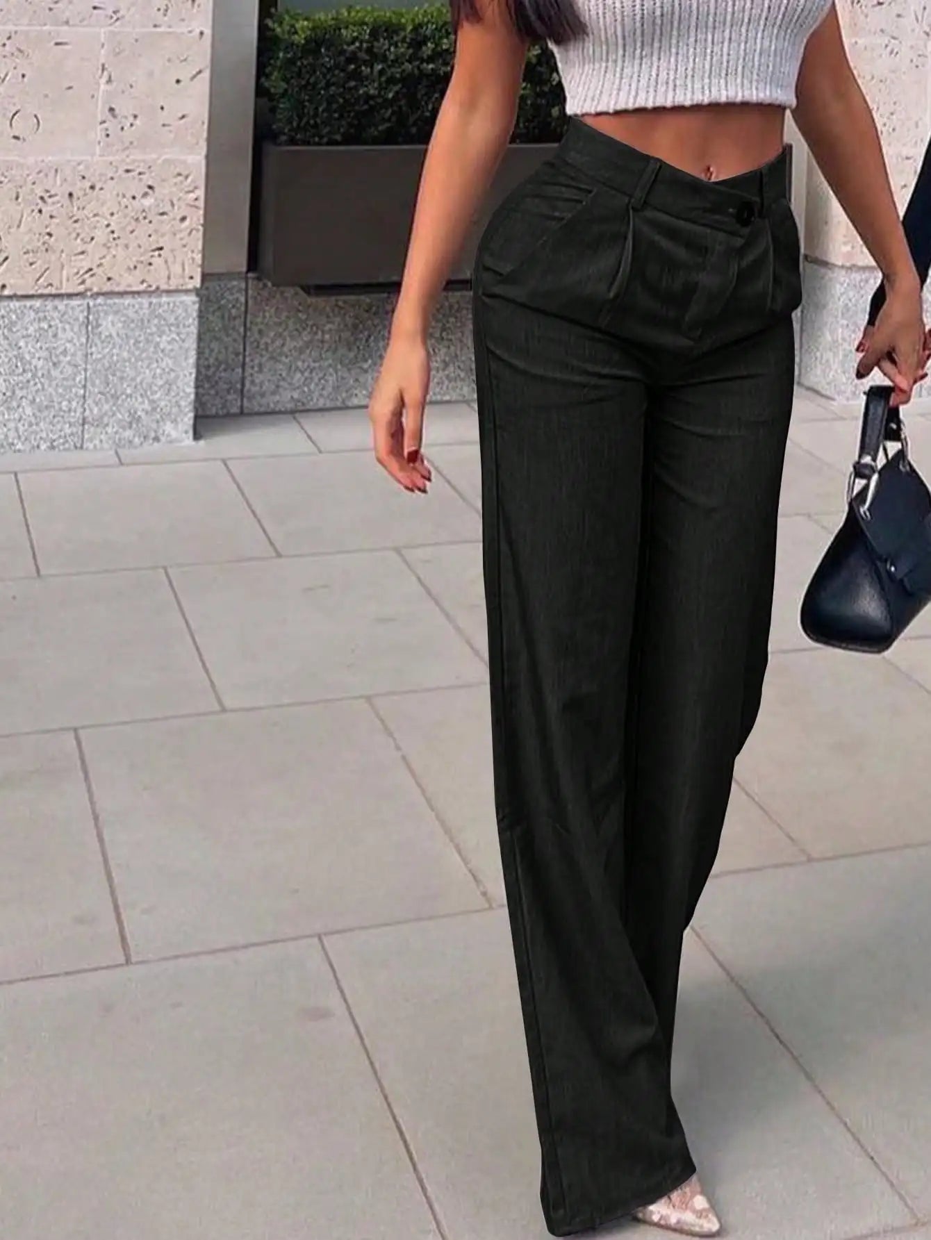 2025 Newest Women's Straight Leg Pants Casual Work Pants Cross High Waist Pants with Pockets New Year's Warmth