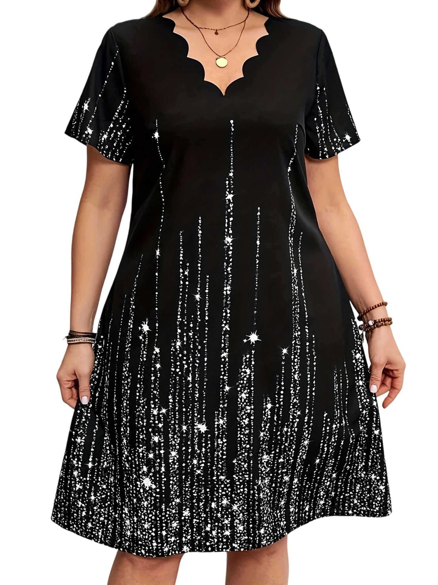 Plus Size Women s Casual Summer Dress with Fashionable Print Scallop Trim V Neck and Short Sleeves - Loose A-line Style