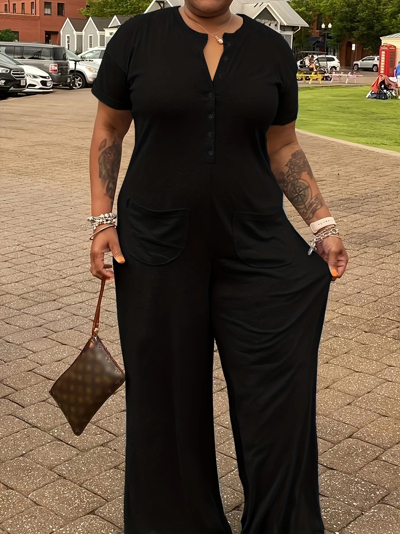 Fashion Casual Solid Color Patchwork V-Neck Oversized Jumpsuit