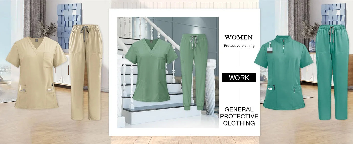 Women Two-Piece Set Solid Color Stand-Up Collar Short-Sleeve Top With Zipper Pocket And Matching Pants Professional Workwear