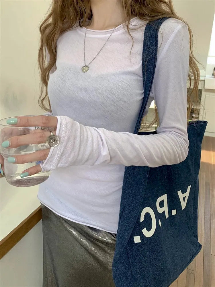 Zjaiss 2026 Spring Casual Lazy Style Women's Long Sleeve T-Shirt Fashion Elegant Inner Wear Basic Top Rolled Edge Slim Fit Tee