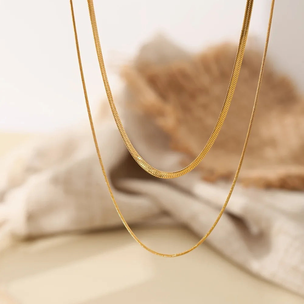 Elegant Double-Layered Stainless Steel Necklace with Round & Flat Snake Chain - Perfect for Casual Attire or Gifting