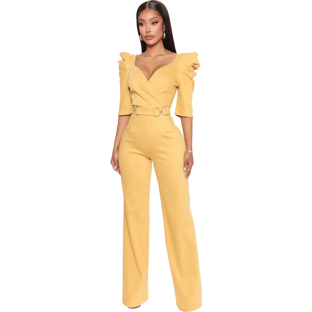 Sexy fashion solid color seven-quarter sleeve V-neck women's jumpsuit SMR10805