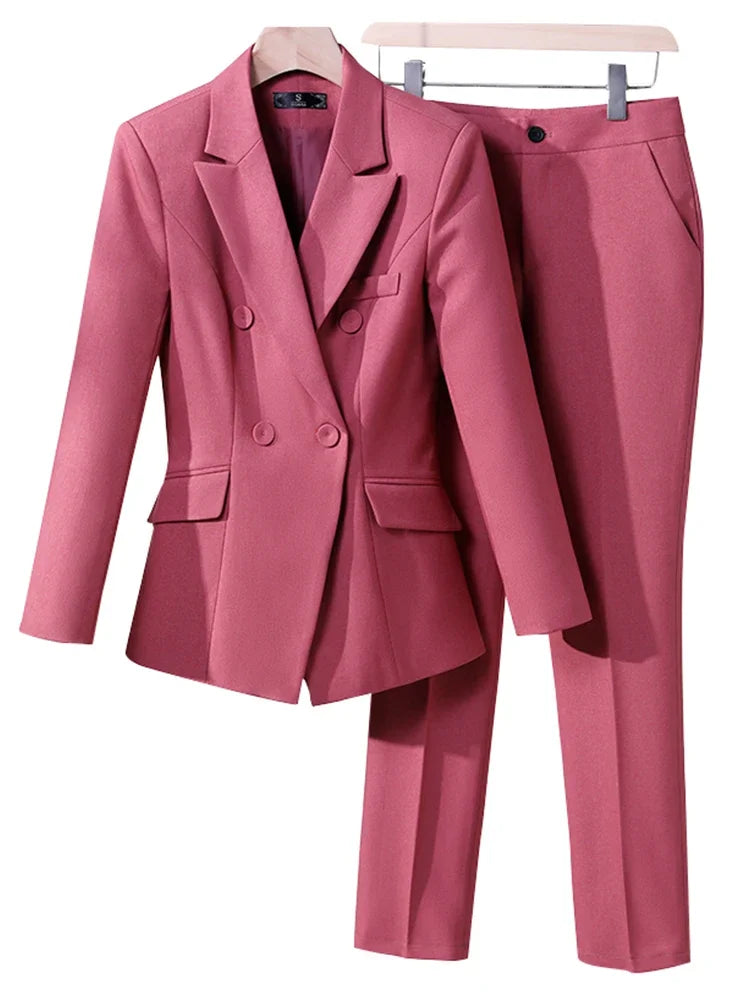 Women Formal Pant Suit 2023 New in Red Black Blue Office Apricot Office Ladies Work Female Blazer Jacket and Trouser 2 Piece Set