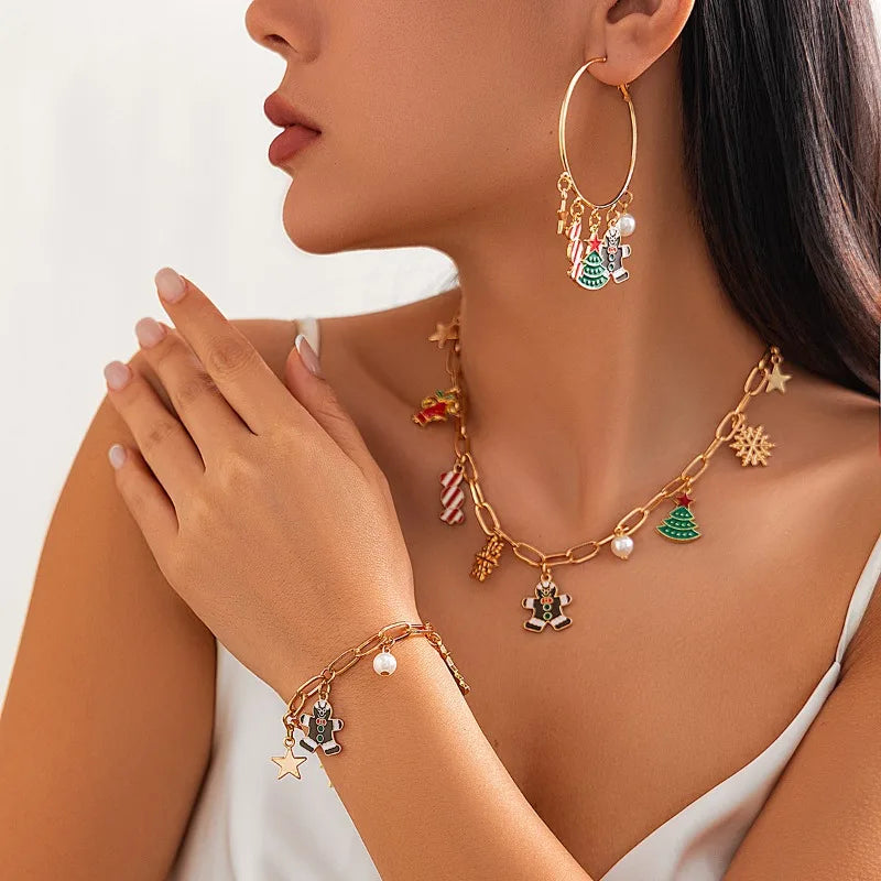 Christmas Fashion Bell Christmas Tree Necklace, Light Luxury Metal Collarbone Chain Set