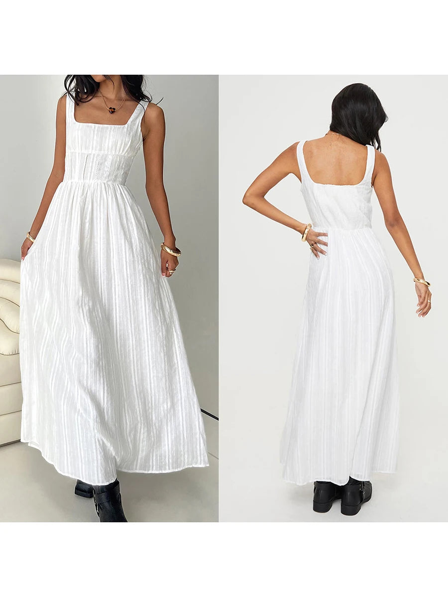 Women’s Sleeveless Long Dress Square Neck Smock Waist Side Zipper Evening Dress for Summer
