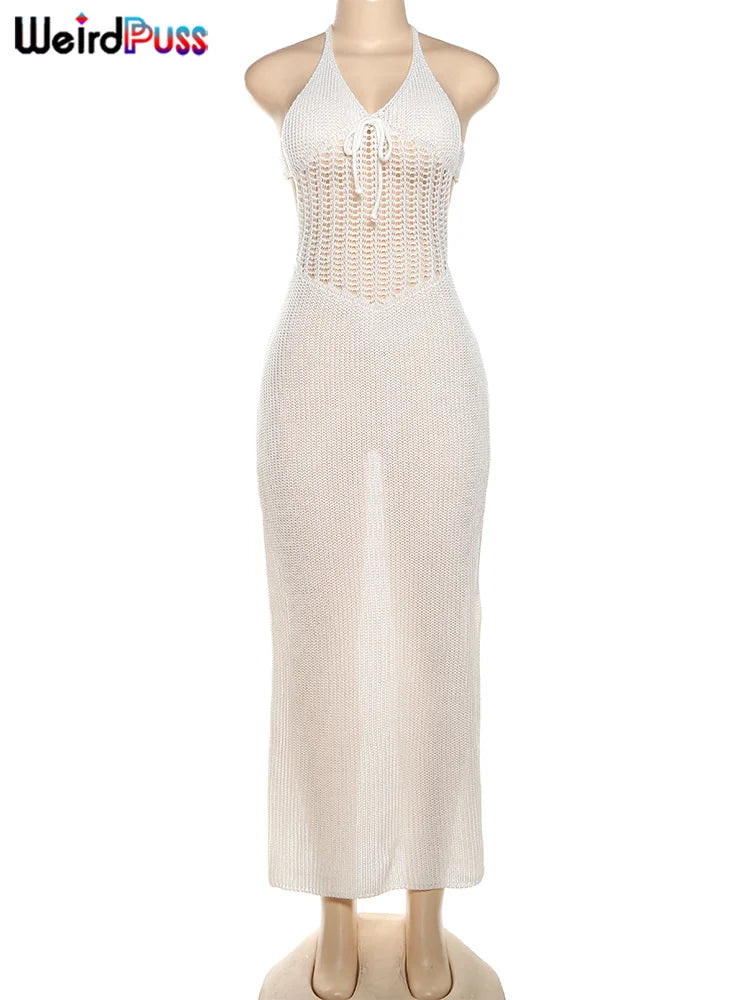 Weird Puss Crochet Sheer Women Dress Halter V Neck Backless Bandage Elastic Sheath Sexy Robe 2024 Summer Vacation Dating Bodycon