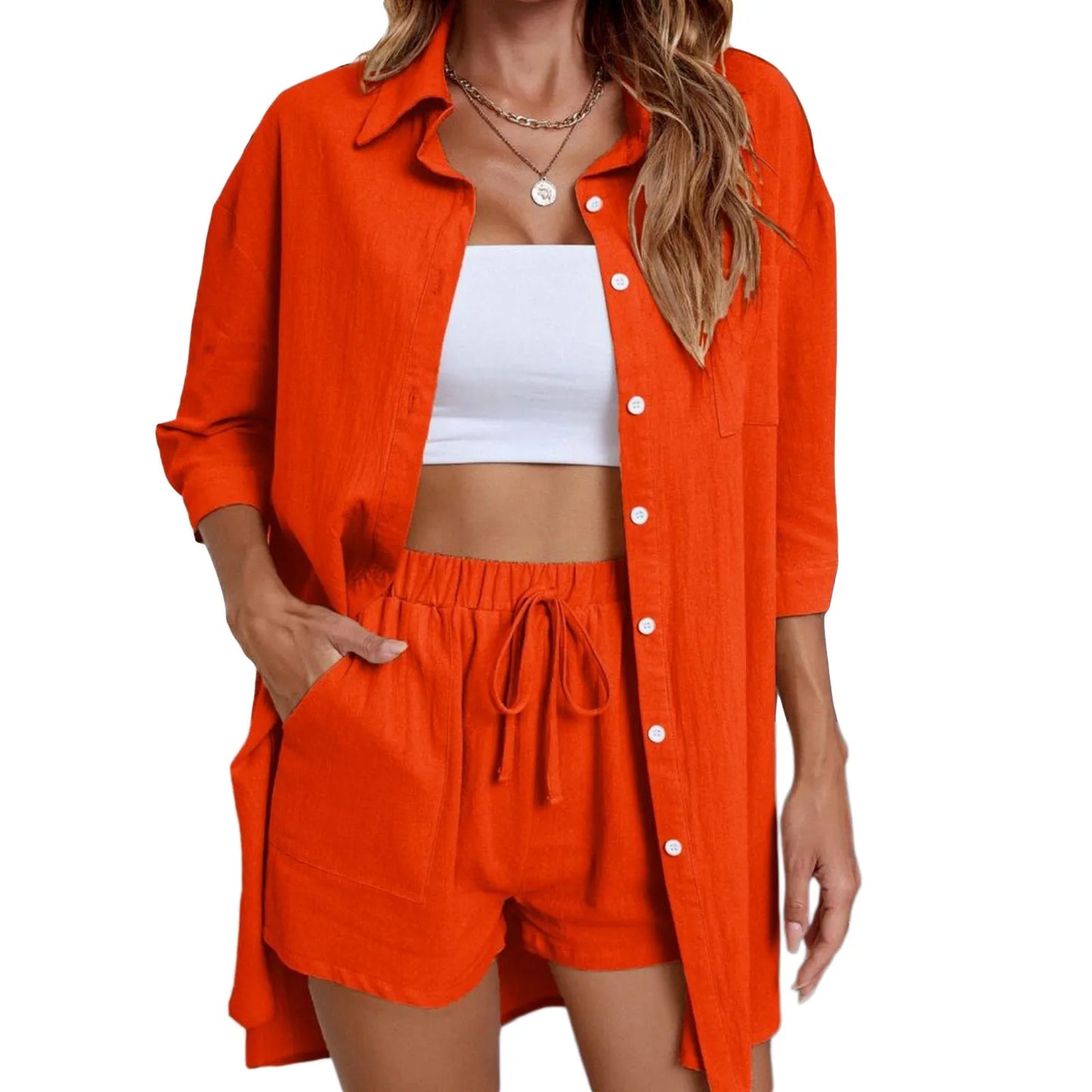 Women’s Casual 2 Piece Outfits Fashion Short Sleeve Button Down Oversized Shirt Shorts Set Loungewear