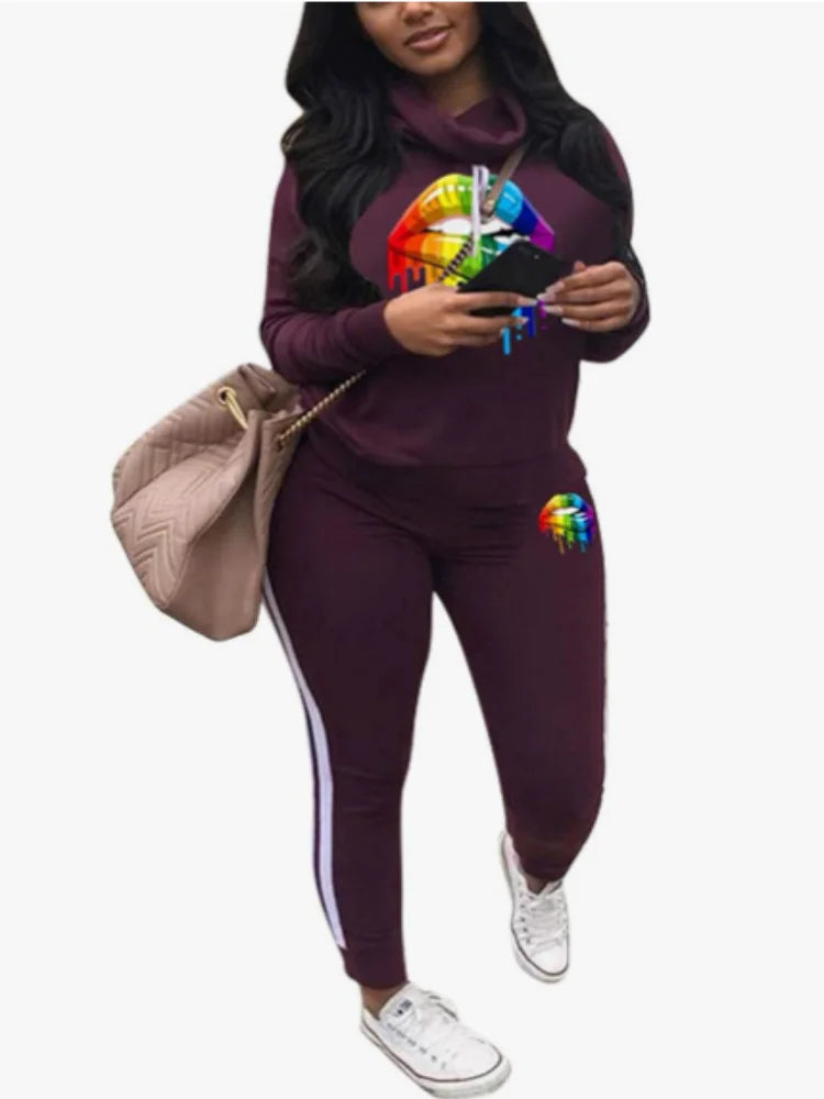 Womens Casual 2 Piece Tracksuit Outfits Lip Print Pattern Long Sleeve Pullover Pants Set