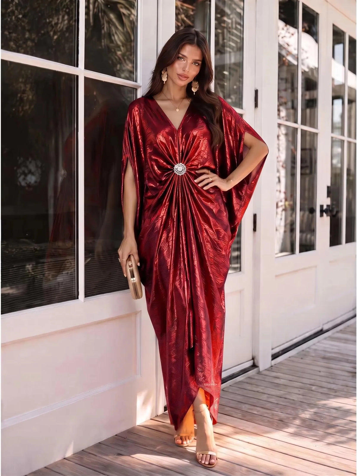 Women Gold Kaftan Dress V Neck Batwing Sleeve Rhinestone Twist Front Maxi Caftan Coverup for Wedding Party Evening K409