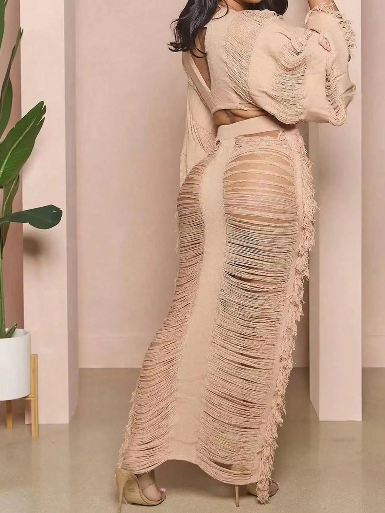 Dress 2025 Women's Fringed 2-piece Set Long-sleeved top with fringed cutout sexy and elegant party club suit dress