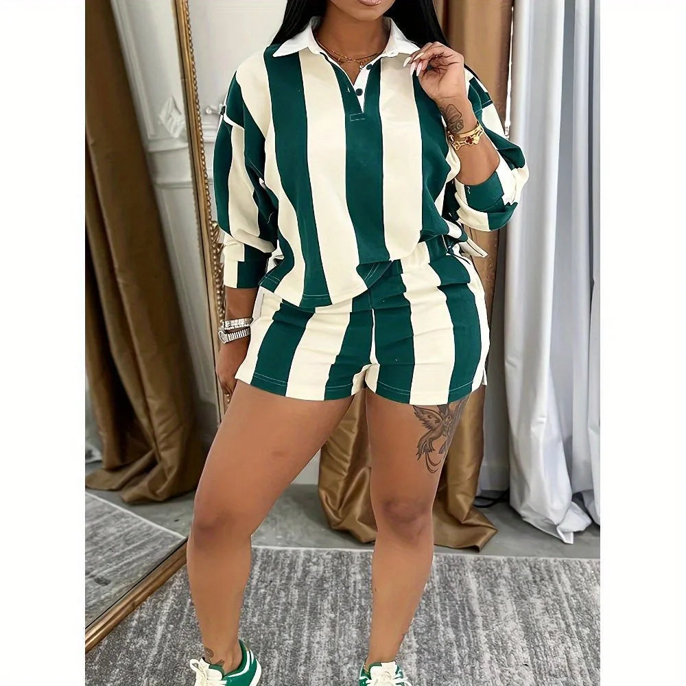 Striped Print Lapel Long Sleeved Shirt and Shorts Casual Two-piece Set