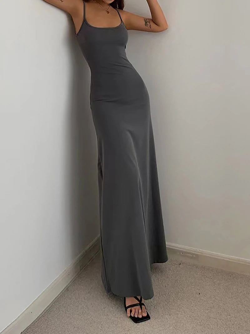 Woman Spring Summer Bodycon Dress Female Sexy Sleeveless Spaghetti Strap Sheath Dress Elegant Backless Evening Dress Long Skirt