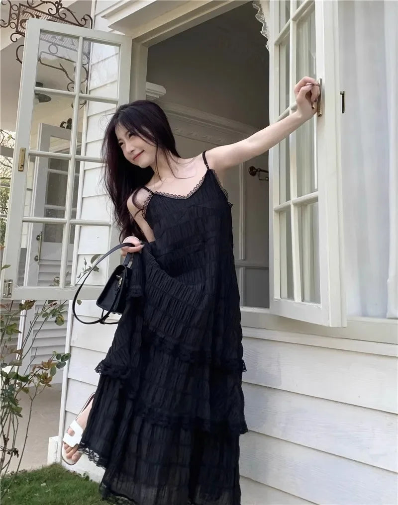 Summer  Long Vintage Casual Ruffles Elegant Maxi Strap Camis Silky Beach Lace Elegant Party Dress Vestidos Sexy Women