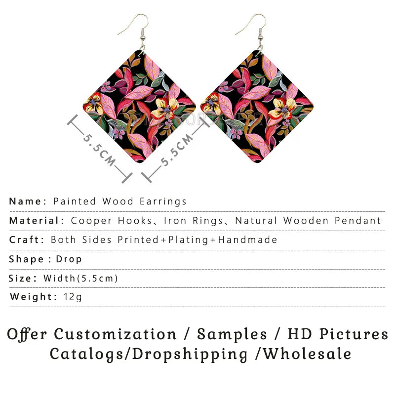 SOMESOOR Seamless Floral Afro Fabric Square Wooden Drop Earrings Blue Peonies Flowers Bohemian African Art Women Dangle Jewelry