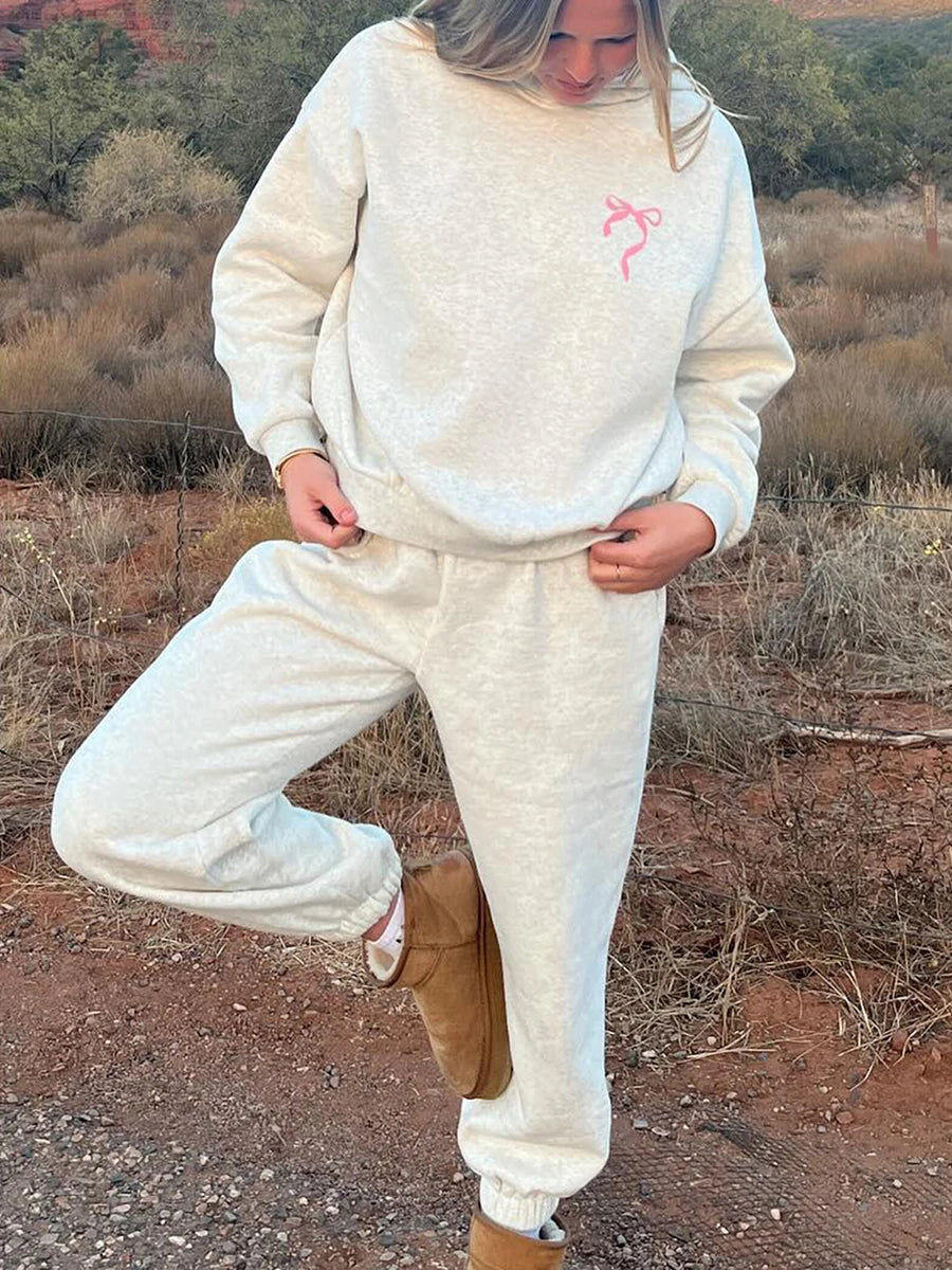 Women s 2 Piece Stylish Outfits Long Sleeve Floral Embroidered Sweatshirt Solid Color Jogger Pants Sets for Casual Wear