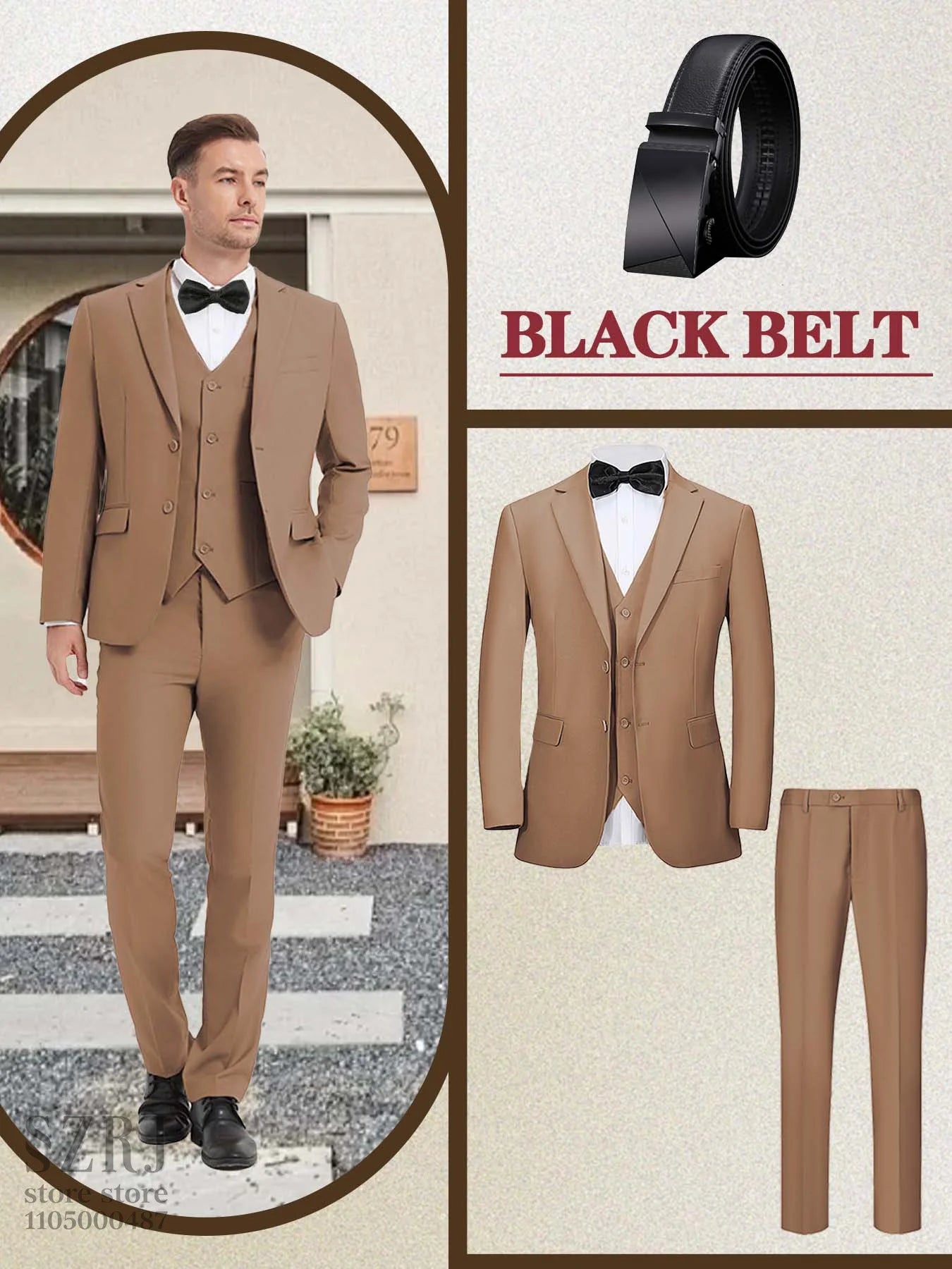 4pcs Men's Formal Suit Set: Tuxedo, Vest, Pants, Belt with .Classic Elegant Attire for Business, Party, Banquet, Job Interview
