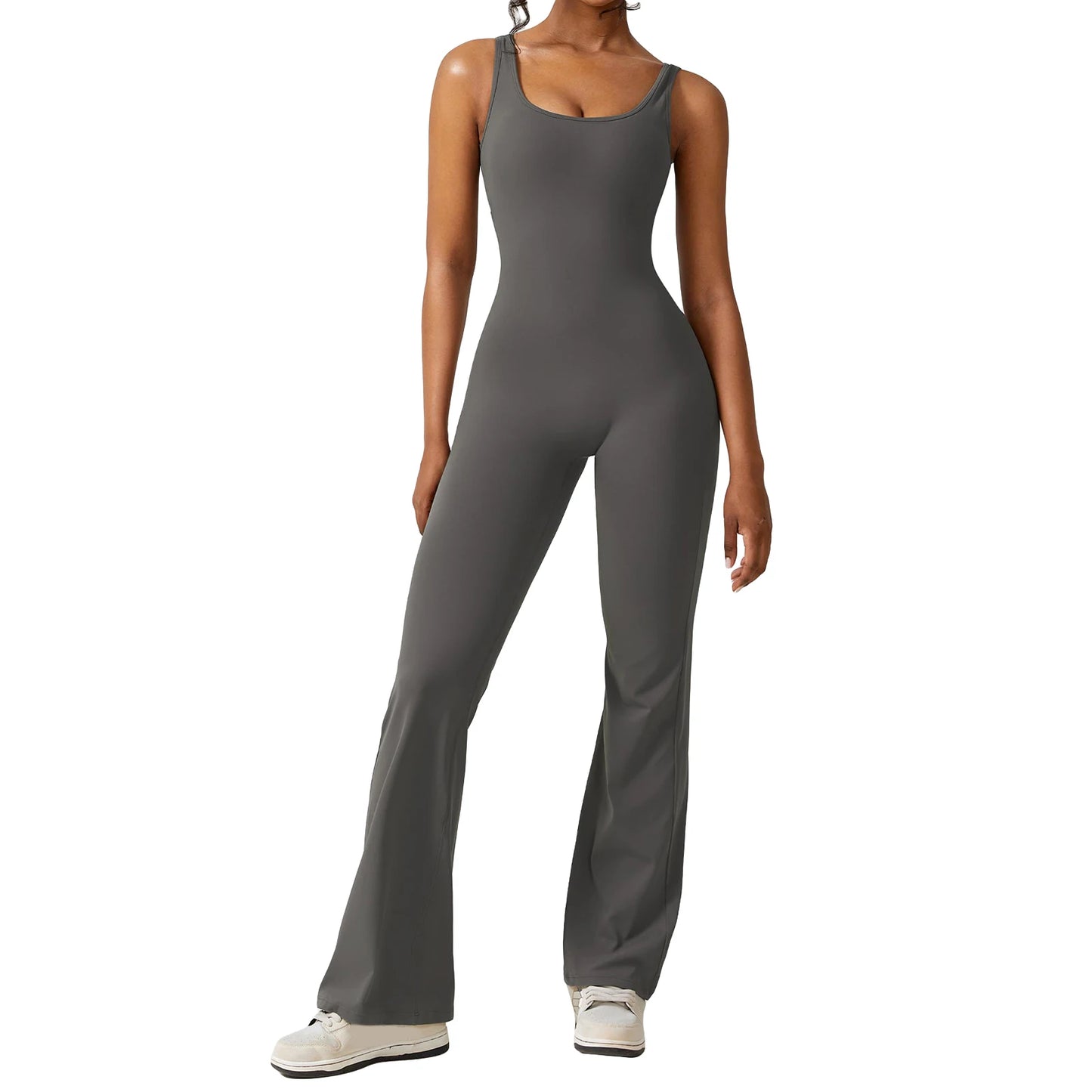 Women s Sleeveless Tank Jumpsuit Solid Color U-Neck Back Cutout Wide Leg Pants Playsuit Clubwear