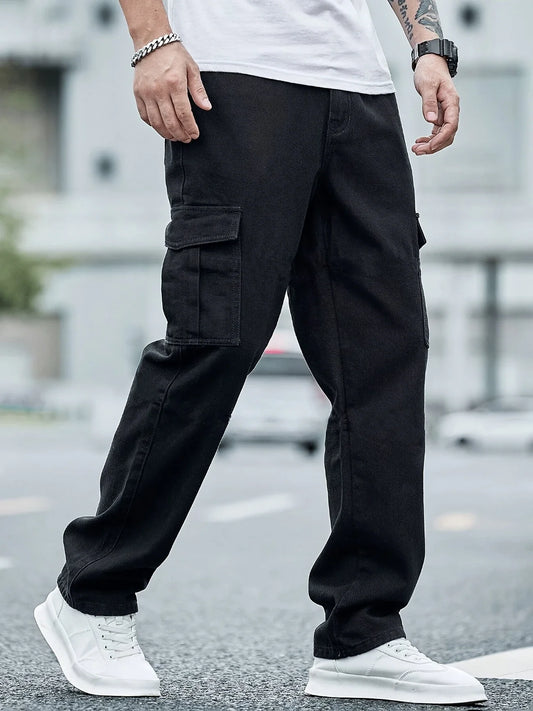 Men's Fashion Street Style Cropped Jeans, Cotton Blend, Non-Stretch, Solid Color, Loose Fit, Washed Denim, with Woven Fabric for