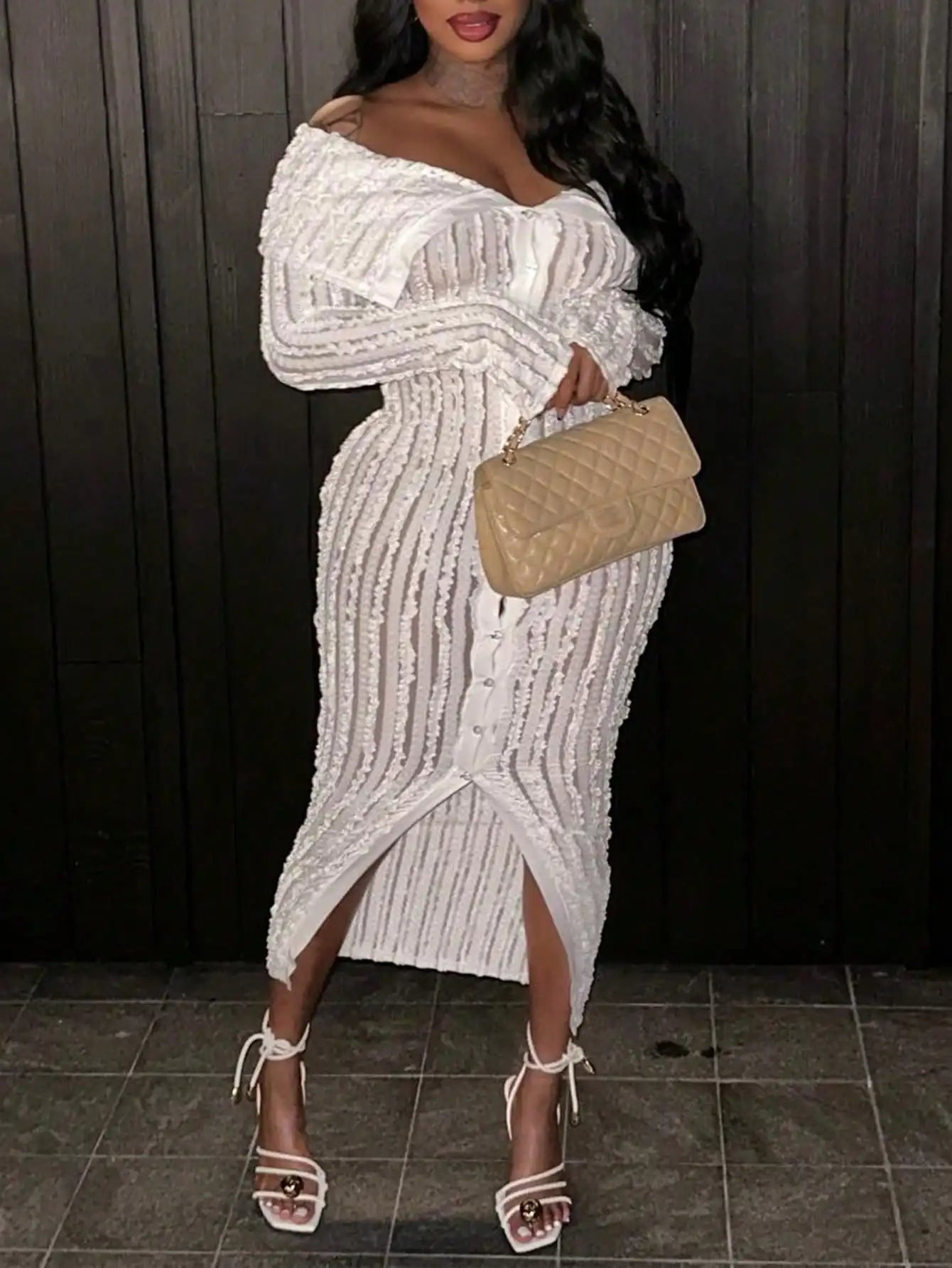 Women Elegant Off Shoulder Dress Long Sleeve Button Down High Split Bodycon Dress Prom Evening Party