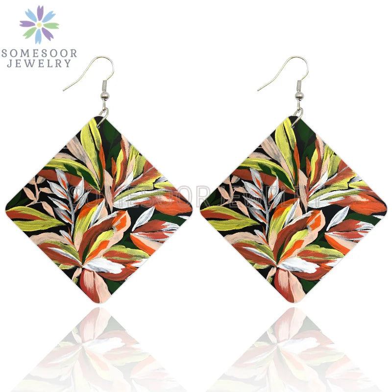 SOMESOOR Seamless Floral Afro Fabric Square Wooden Drop Earrings Blue Peonies Flowers Bohemian African Art Women Dangle Jewelry