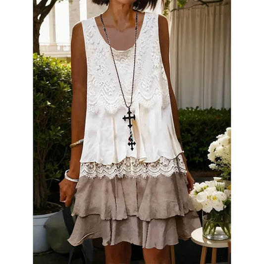 Boho Lace Dress Women - Casual Sleeveless Ruffle Knee-Length Summer Dress Loose Fit for Vacation Beach Outing