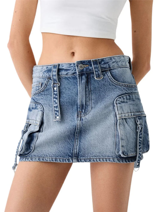 Women s High Waisted Denim Cargo Skirts with Side Pockets and Belt Loops Stylish A-line Mini Skirts for Casual Streetwear
