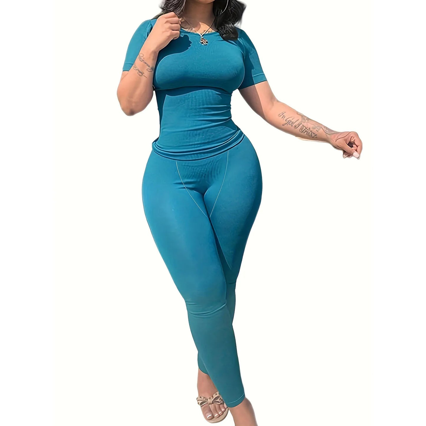 US STOCK | Casual Workout Sets Short Sleeve Two Piece Outfits For Women Ribbed Fitted Crew Neck T-shirt Matching Sets Streetwear