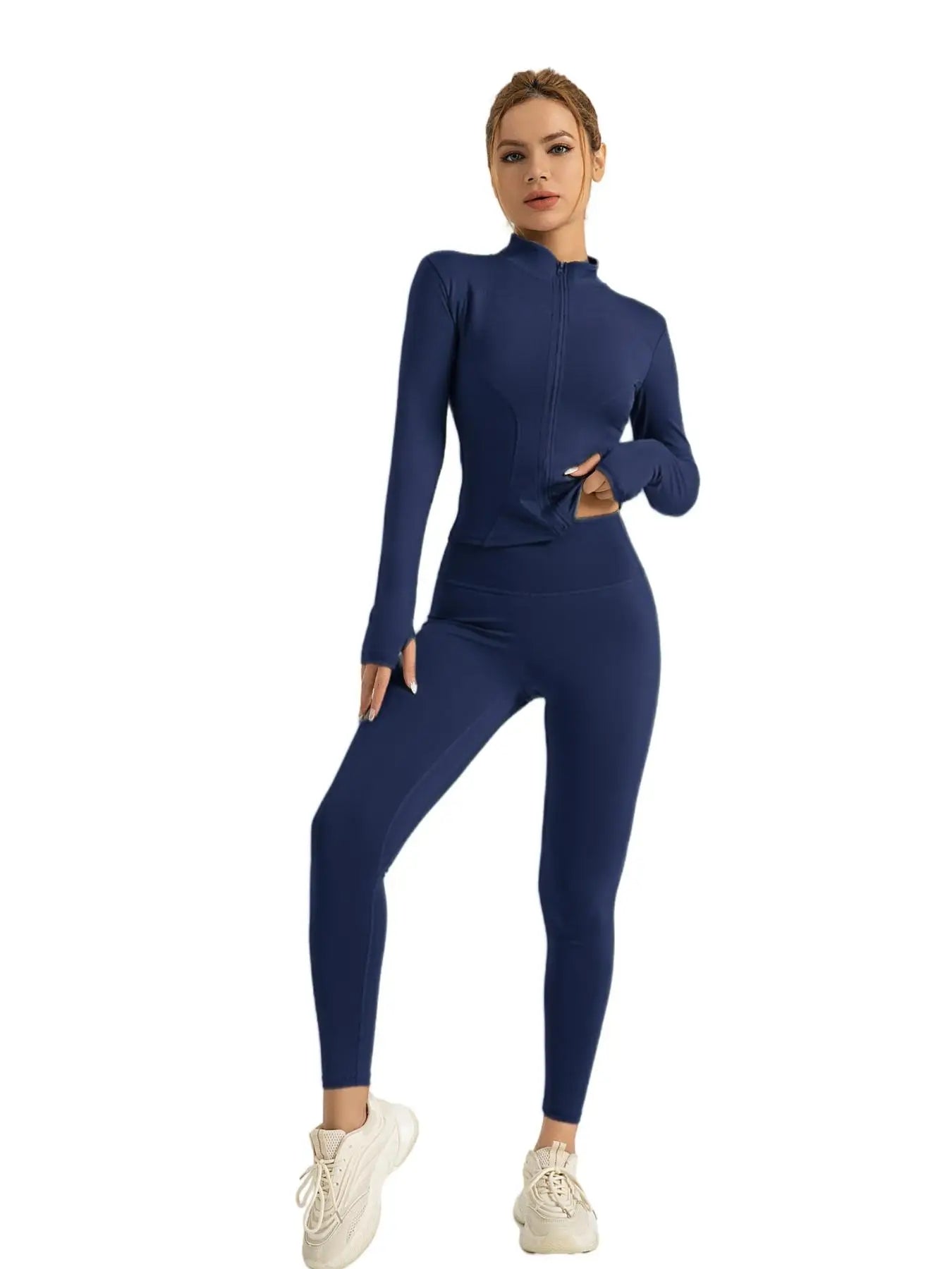 Fitfemme Two-piece Set Women's Solid Zip UpMock Neck Sports Jacket & HighWaist Leggings Set, SportyBreathable Quick Drying