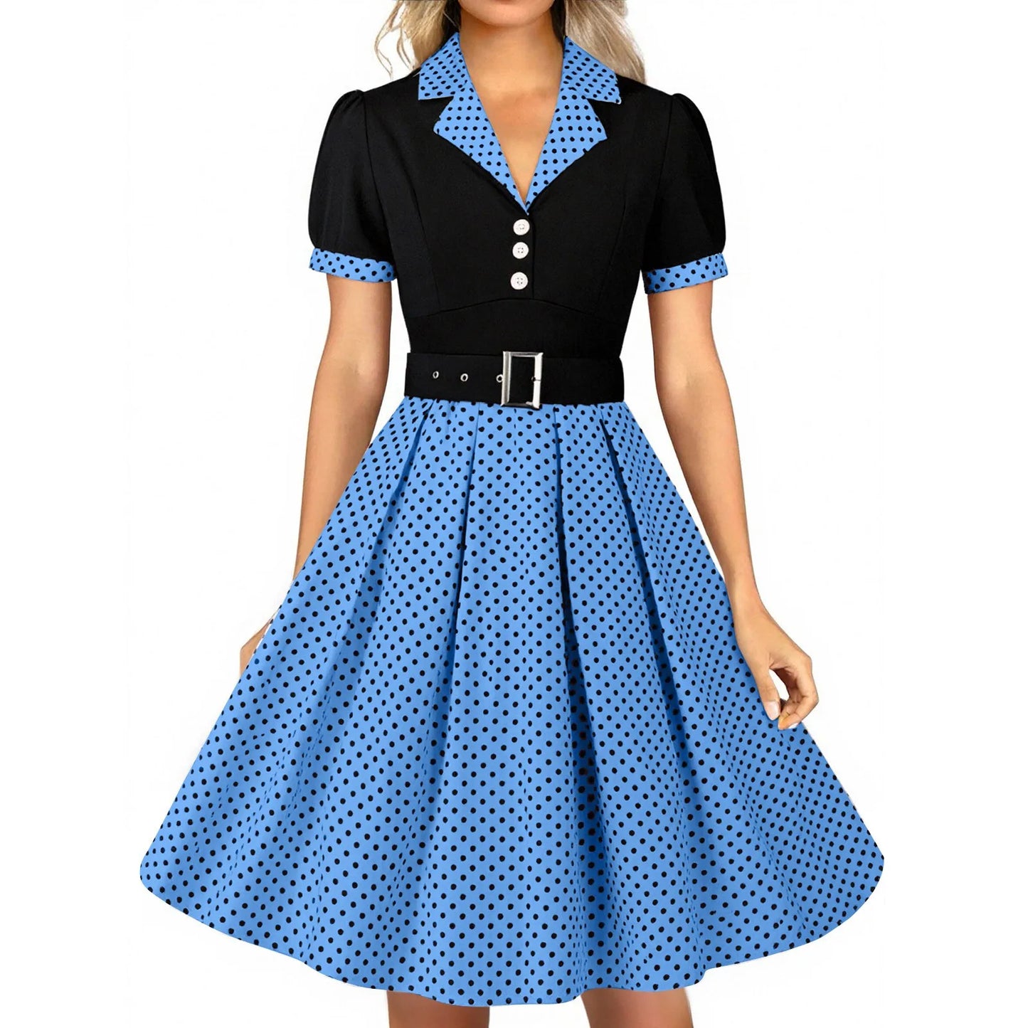 Women'S Vintage Polka Dot Lapel  Short-Sleeved Belt Dress Vestidos Mujer Veranoa 2025 Robe Femme Dress Women Women Clothing