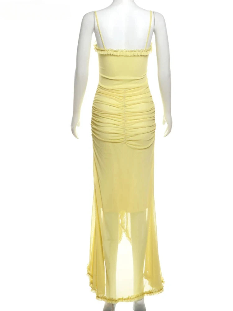 Weird Puss Ruffles Bandage Dress Women Sexy Backless Sleeveless Tassel Lace-Neck See Through Slits Hem Prom Party Long Bodycon