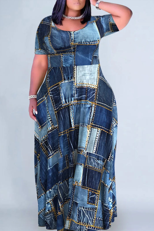 Plus Size Dark Blue Patchwork Crew Neck Denim Print Maxi Dresses