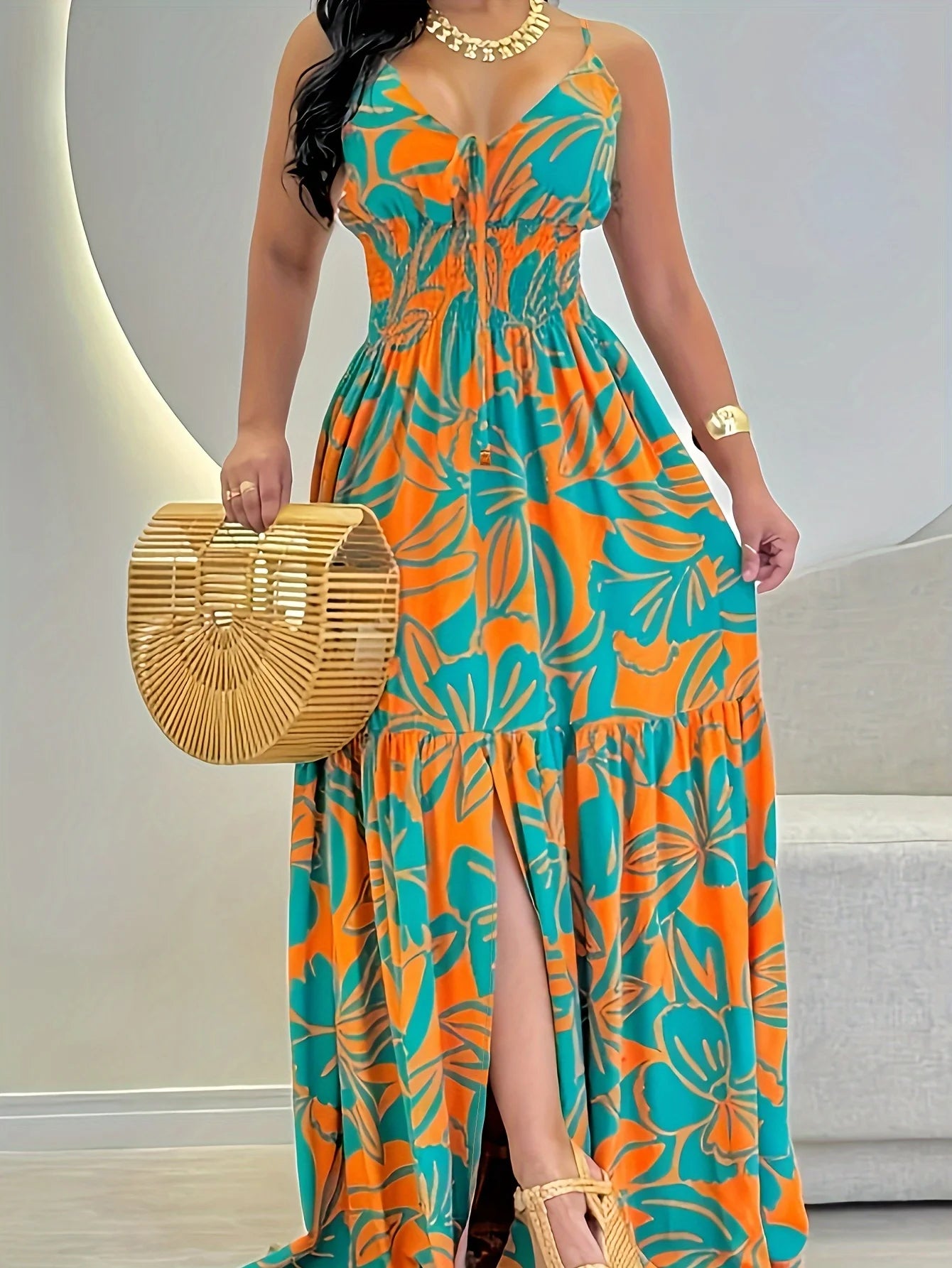 Elegant Printed Patchwork Open Back Folded Spaghetti Strap Suspender Dress