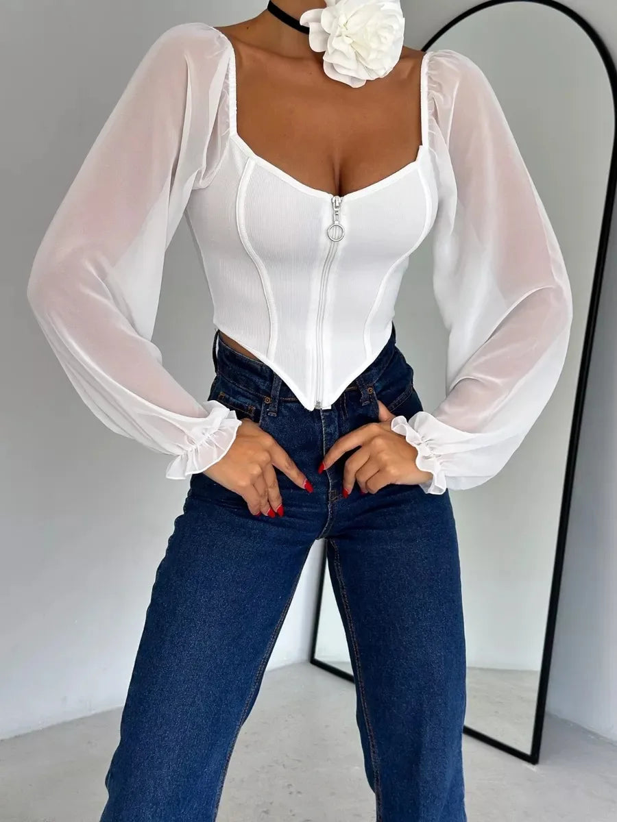 Women Mesh Crop Tops Long Sleeve See Throgh Blouse Casual Front Zip Tops Fashionable Deep V Neck Cropped Tight Waist T Shirt Off
