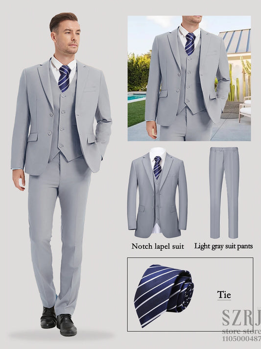 Men's 4-Piece Suit: Jacket+Vest+Pants+Blue Striped Tie. V-Neck, Gentleman Style, Tailored. For Business, Parties, Weddings.