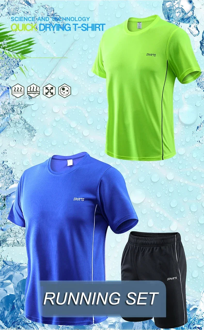 Men's Running Set Summer Quick Drying Sweat-absorbing Short Sleeved T-shirt Shorts Sports Suit Two-piece Set Men