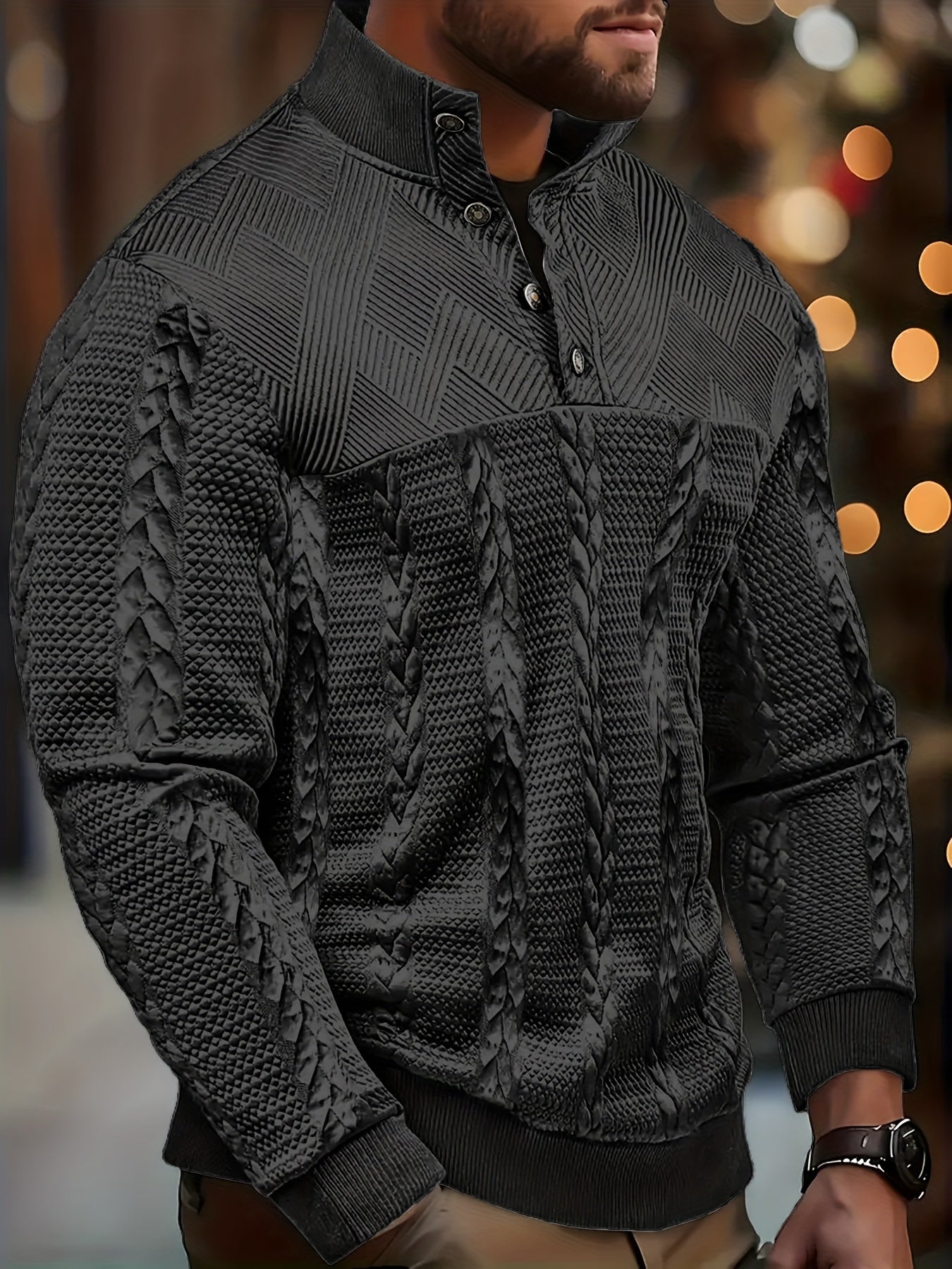Men'S Jacquard Henley Shirt - Soft Stretch Long Sleeve Pullover with Button Front, Casual Knit Sweater for Fall/Winter, & Striped Design, Regular Fit Outdoor & Casual Attire, Winter Casual Wear | Striped Knitwear | Jacquard T