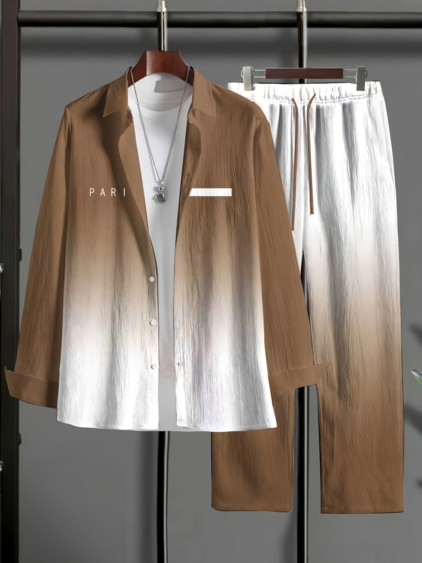 Plus Size Men'S Casual Knit Set - All-Over Gradient Print Long Sleeve Shirt & Pants, Comfortable Stretch Fabric, Breathable & Machine Washable, Regular Fit with Pockets, PLUS SIZE