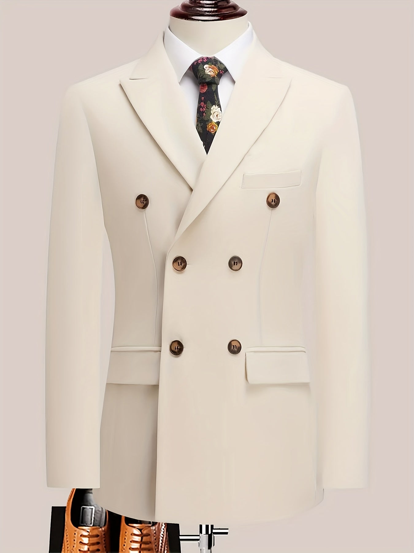 Men's Plus Size Solid White Suit - Double-Breasted Peaked Lapel Business Suit with Tailored Fit, All-Season Formal & Wedding Attire, Machine Washable Tailcoat Style Jacket & Matching Trousers for Men, Beige & Brown Lapel Opti