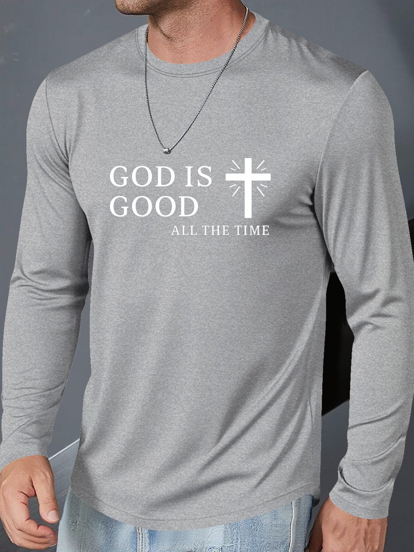 Men's Plus Size Christian Faith T-Shirt - Inspirational "GOD IS GOOD ALL THE TIME" & Cross Print, Breathable Long Sleeve Round Neck Casual Shirt for Church, Casual Attire, Spring/Fall Layering (Adults & Teens) - Comfortable R
