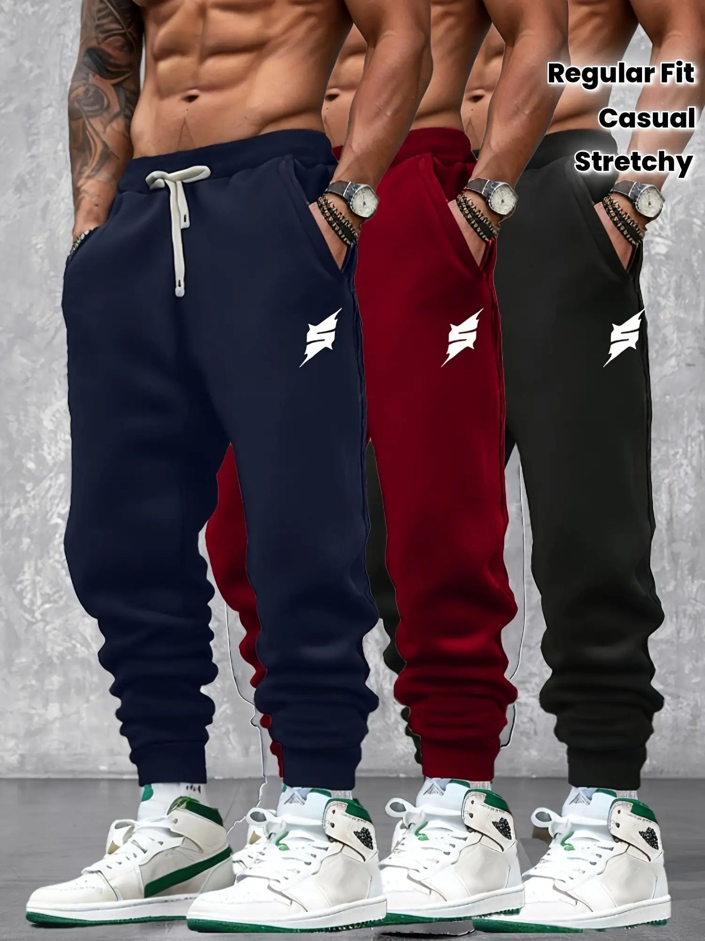 3-Pack Men's Jogging Pants with Belt Loop & - Belt Detail, Geometric Print Casual Trousers, Regular Fit Slight Stretch for Gym, Casual Attire - All-Season (Spring, Summer, Fall) - Corduroy-Like Texture Design, Machine Washabl