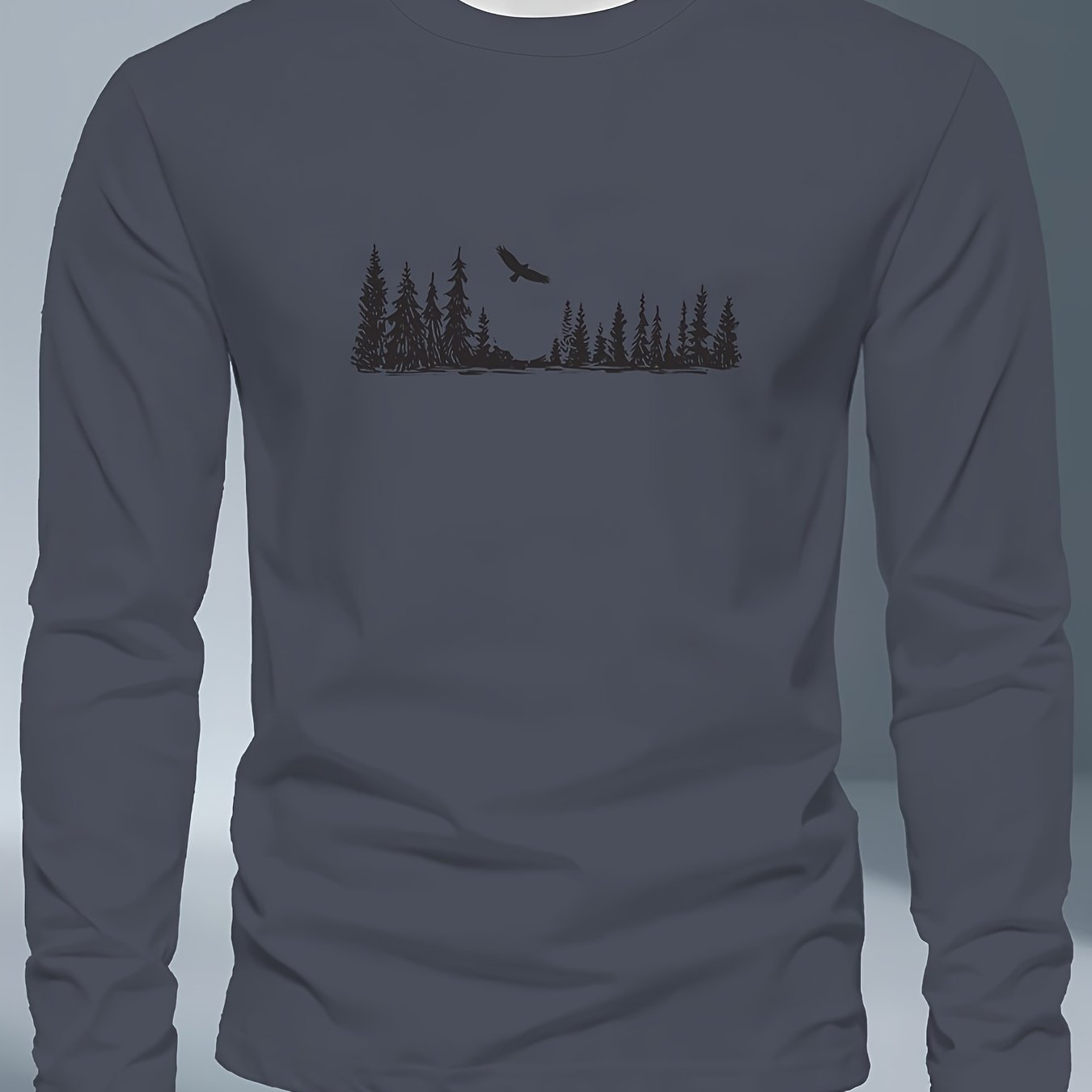 Men's Plus Size Long Sleeve T-Shirt - Navy Blue with Golden Pine Tree & Bird Design - Relaxed Fit Casual Everyday & Formal Wear - Machine Washable Graphic Tee, Durable Fabric Shirt, Versatile Top, Geometric Pattern, Comfortab