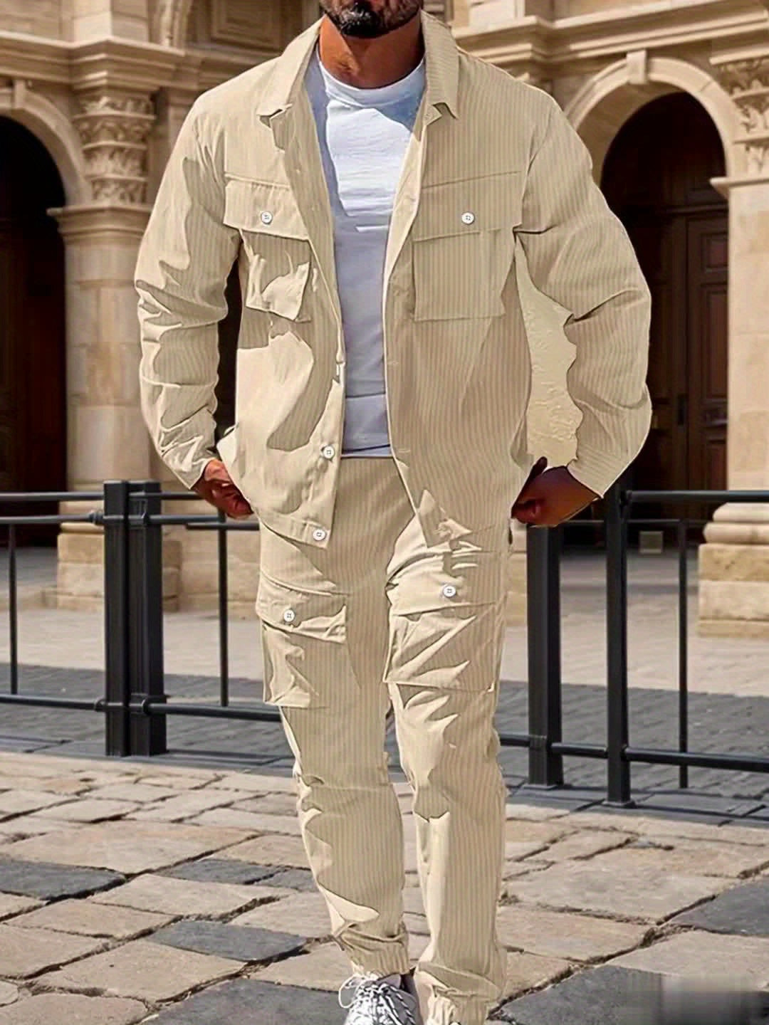 Large Size Men's Casual Long Sleeve Shirt and Trousers Set, PLUS SIZE