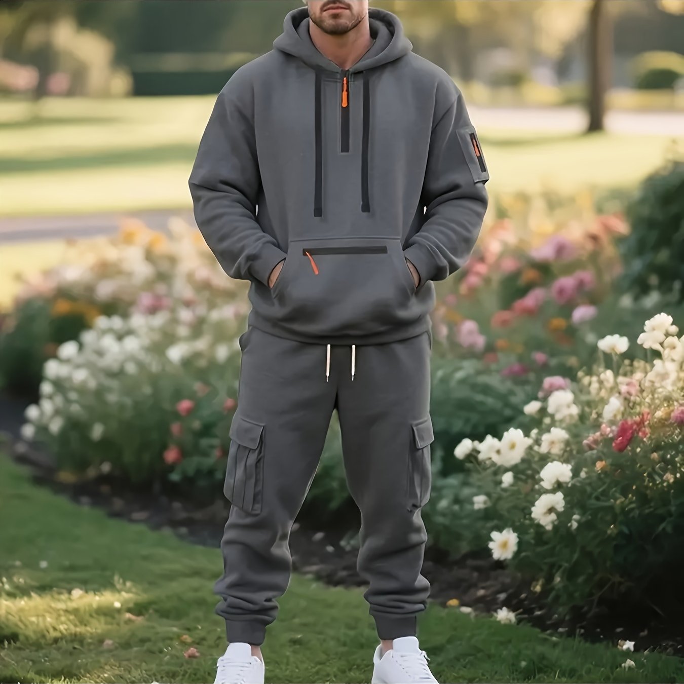 2pcs Men's Oversized Fleece Hooded Set - Heavyweight Warmth Breathable Fleece Jogger Tracksuit with Full-Zip Hoodie & Matching Pants, Grey/Black Casual Athletic Outfit for Gym, Outdoor, Casual Attire - Machine Washable, Round
