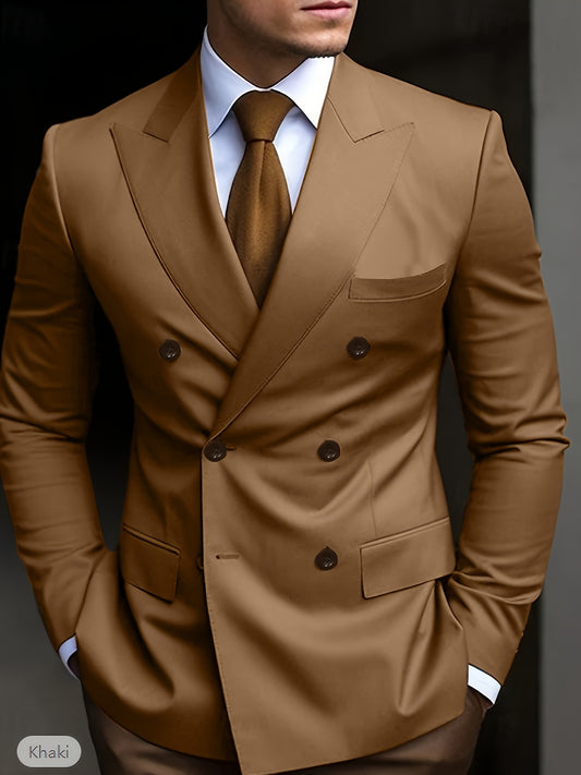 Men'S Elegant Solid Color Blazer, 100% Polyester, Double-Breasted Six-Button, Regular Fit, Lapel Collar, Non-Stretch Fabric, Woven, 200gsm, for Work & Wedding - Spring/Fall 2025 Collection, Plus Size
