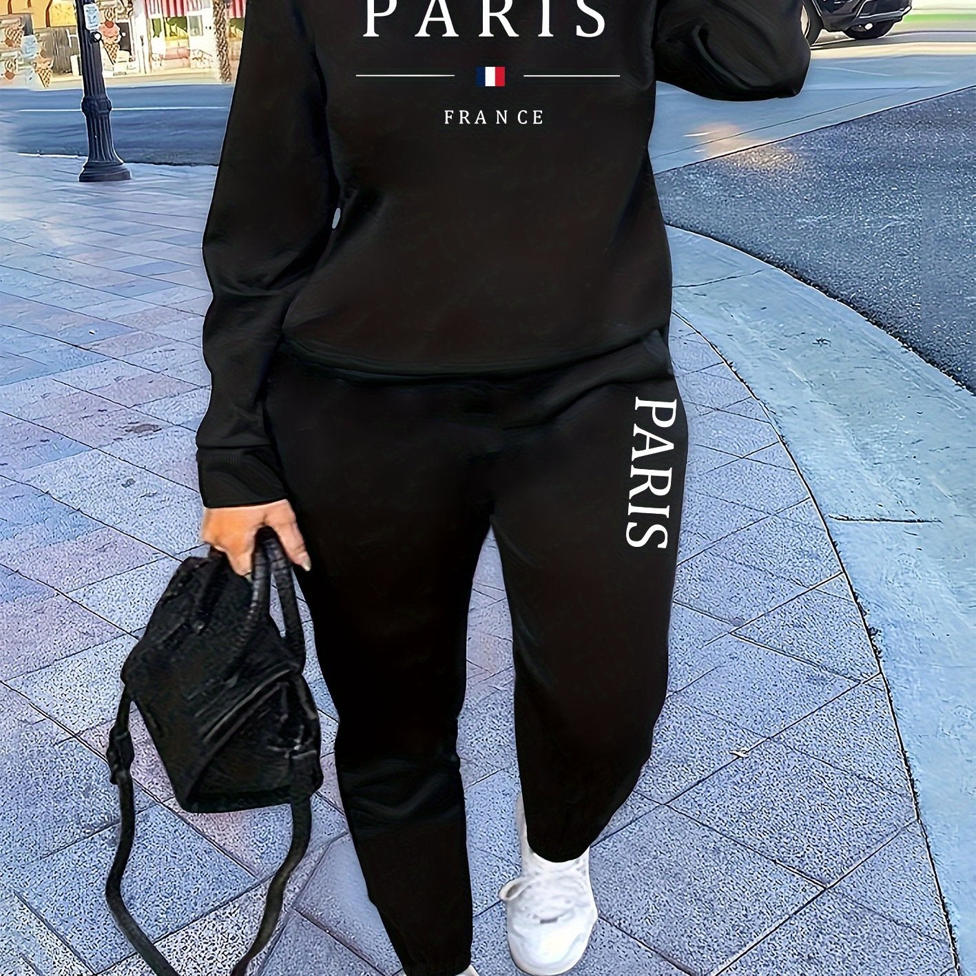 Letter Print Two Piece Set, Crew Neck Sweatshirt & Pants, Women's Clothing