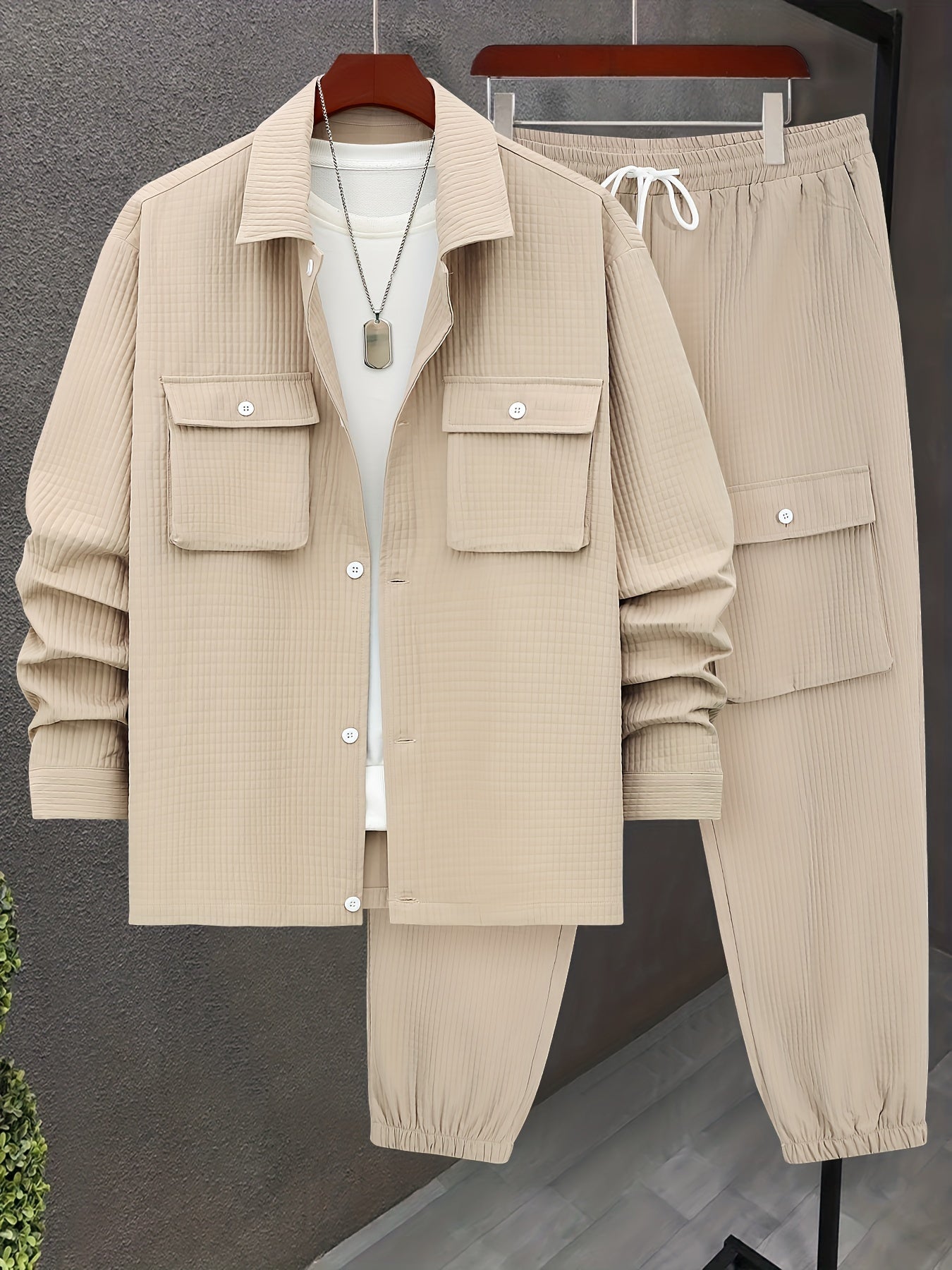 Large Size Men's Casual Long Sleeve Shirt and Trousers Set, PLUS SIZE