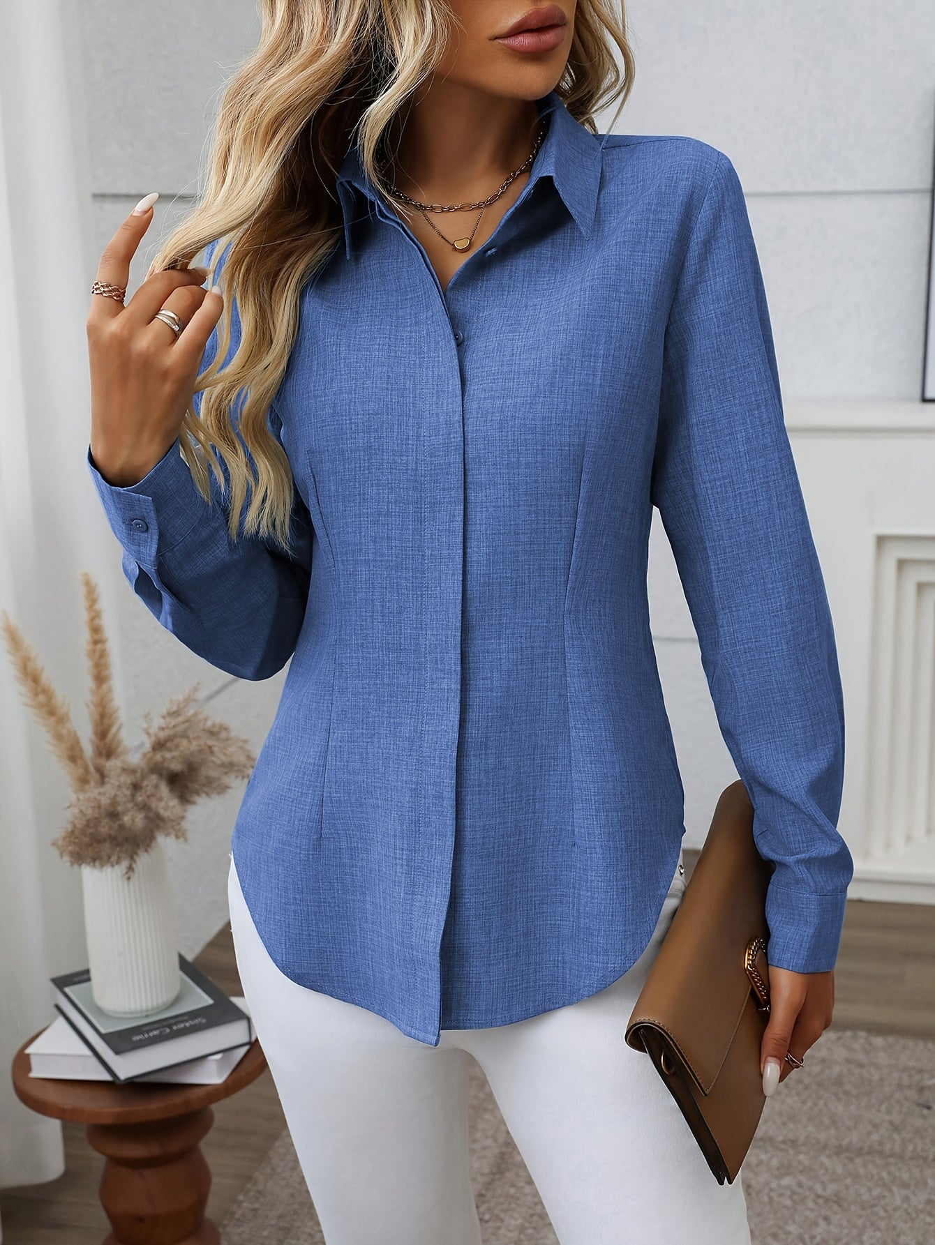 Women'S Elegant Loose-Fit Long Sleeve Blouse - Classic Button-Front Placket, Office & Casual Shirt for Teachers, Professionals - All-Season Everyday & Formal Attire - Easy-Care Women'S Business Blouse, Teacher Wardrobe Essent
