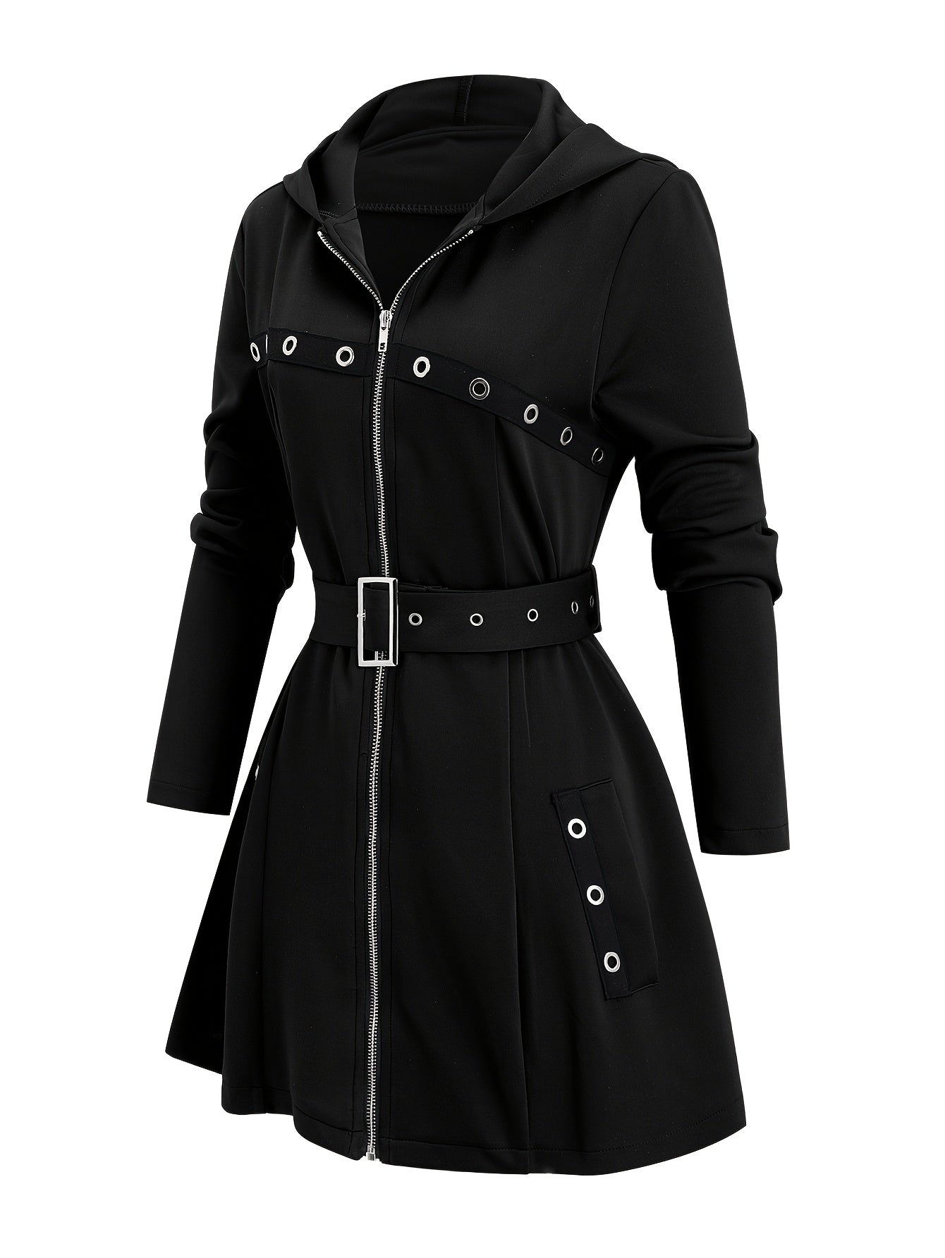 1pc Y2K Style Women'S Hooded Jacket - Solid Color Polyester Knit Fabric with Zipper and Belt Detail, Long Sleeve Punk-Inspired Casual Outerwear for Fall/Winter