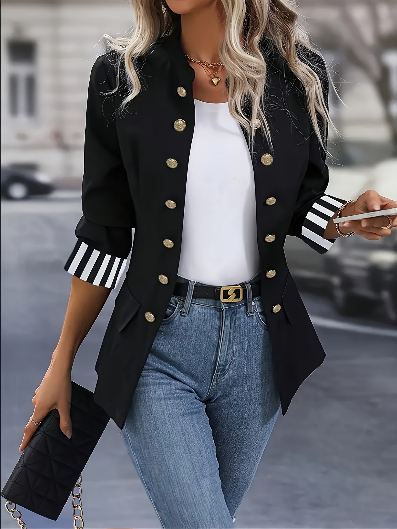 Plus Size - Plus Size Women'S Slim-Fit Casual Blazer - Solid Color Stand Collar Double-Breasted Jacket with Slit Hem, Regular Fit Spring/Fall Versatile for Office & Weekend Outings, Ladies Blazers